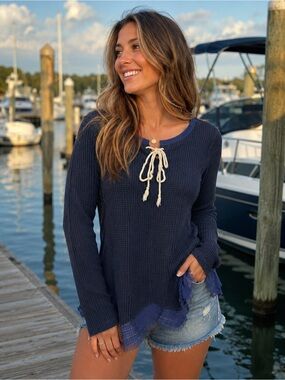 Umgee Navy Waffle Knit Tie-Neck Long Sleeve Top with Cream Rope